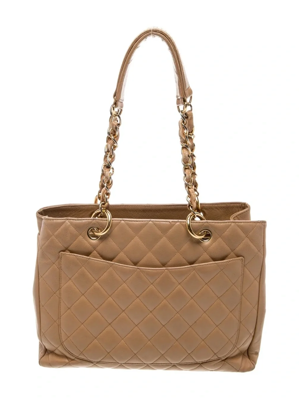CHANEL Quilted Tan Leather Shoulder Tote with Gold Chain Straps